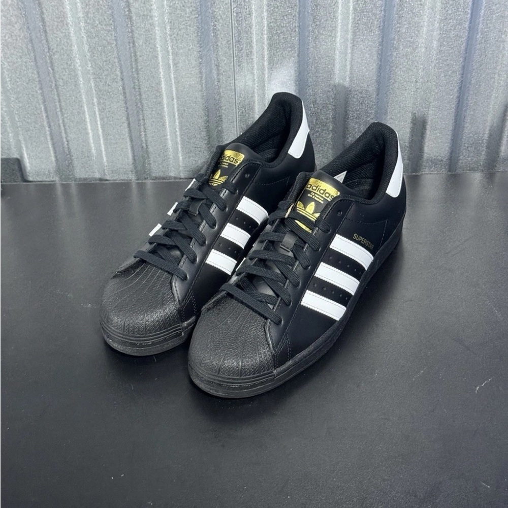 Adidas Superstar Black and White Shoes with Gold Accents